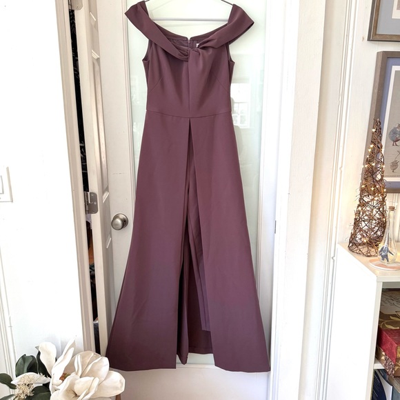 Kay Unger Kiana Crepe Walk-Thru Jumpsuit Maxi Dress Off Shoulder Mauve Sz 4 NWT - Picture 5 of 17